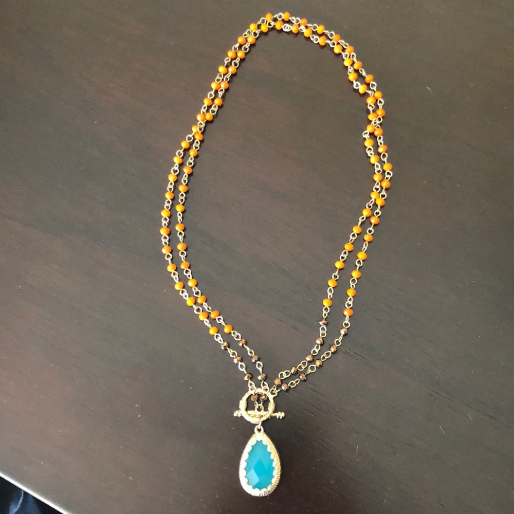 Orange, gold and teal beaded necklace
